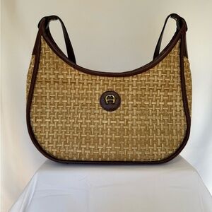 Etienne Aigner Woven Straw & Brown Leather Shoulder Bag Vintage-Inspired